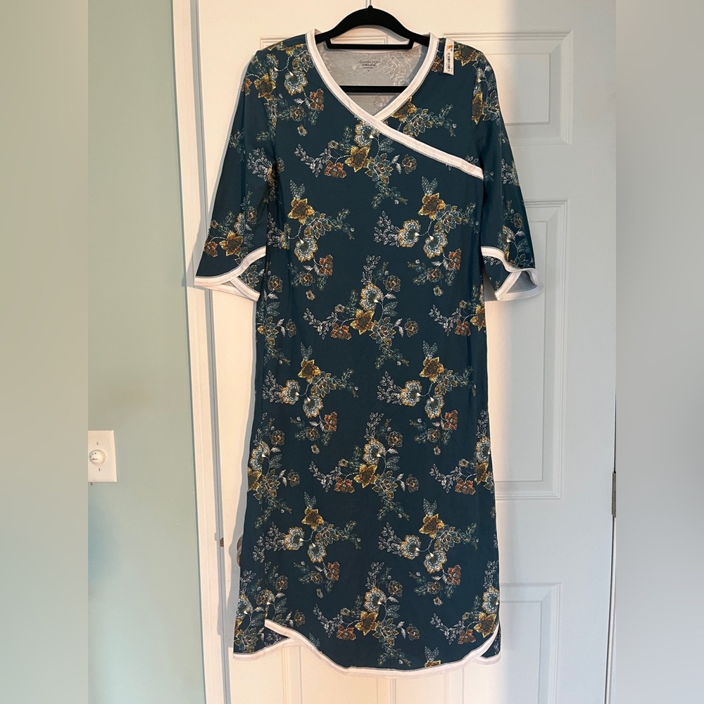 Garnet hill Asian Wrap lounge Dress in Teal and White sz M NWT